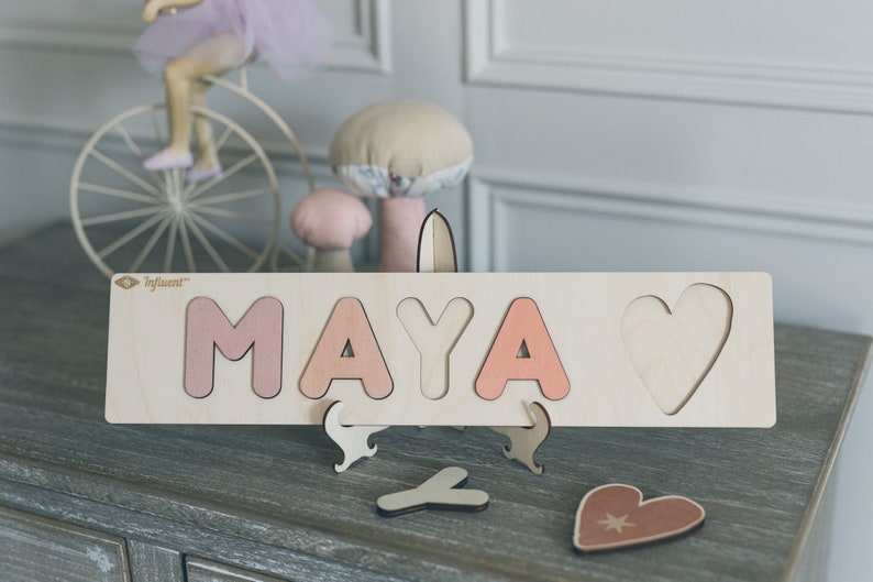 Wooden Name Puzzle with Heart Shape and Letters Educational Toys Montessori Birthday Gift Nursery Decoration image 3