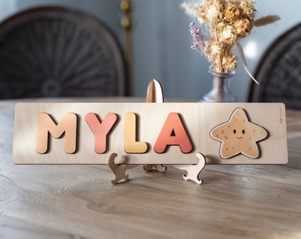 Rompecabezas de madera con forma de estrella y letras - Juguetes educativos - Montessori - Regalo de cumpleaños - Decoración infantil