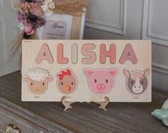 Wooden Name Busy Puzzle with Animals Shapes and Letters  -Educational Toys - Montessori - Birthday Gift - Nursery Decoration