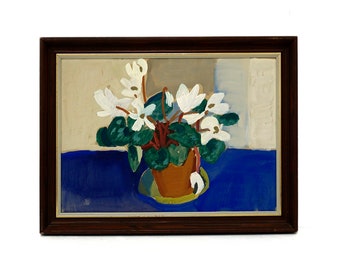 Vintage Swedish Painting 'Still Life with White Cyclamen' Helge Frender Original Signed Watercolour