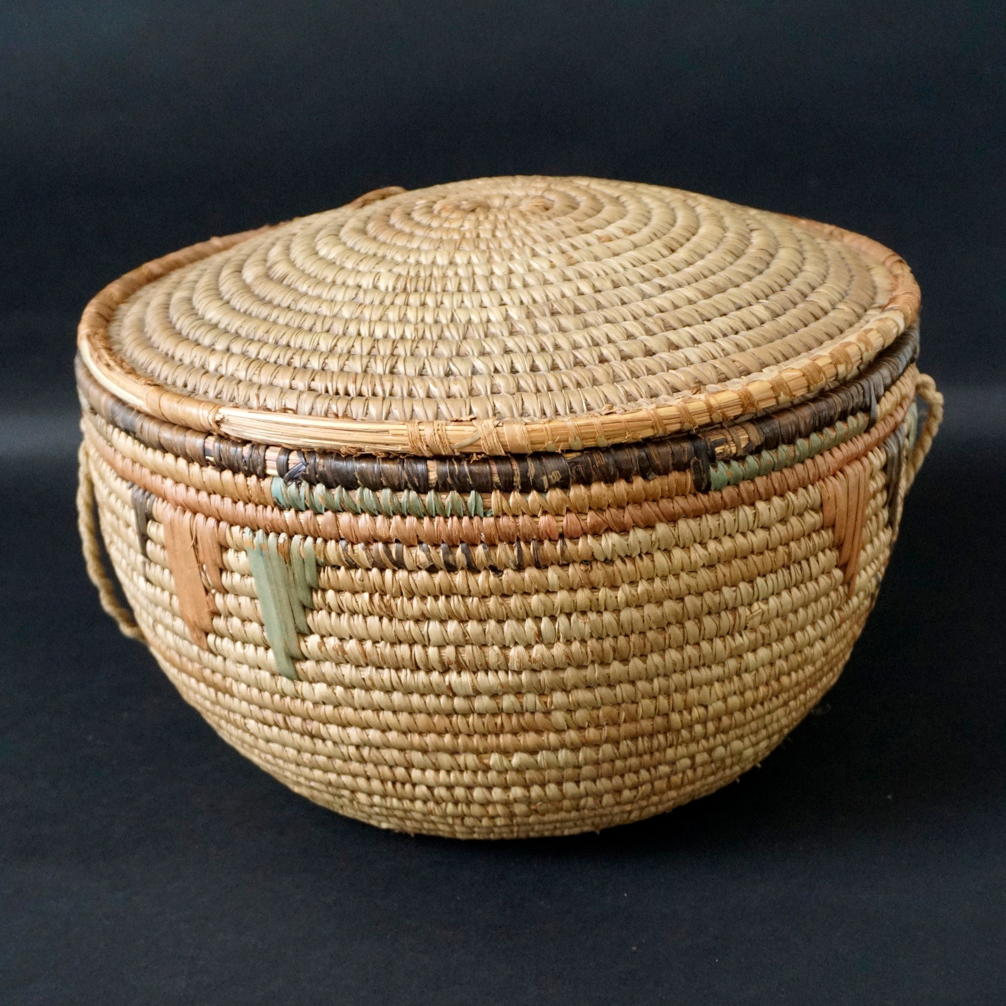 Vintage African Large Woven Grass Coil Basket with Lid