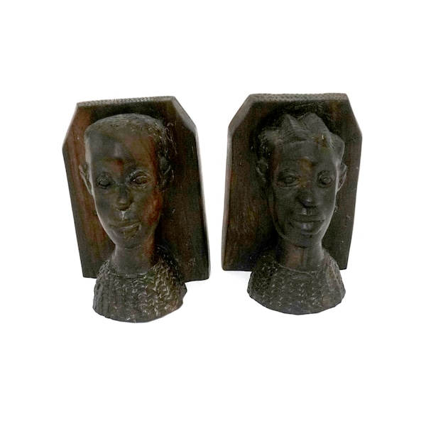 Vintage African Carved Wood Bookends with Bust Sculptures