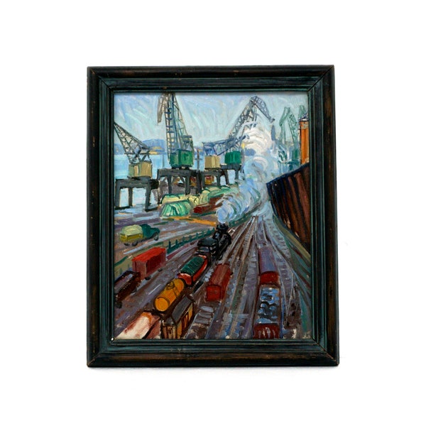 Vintage Painting 'Swedish Industrial Port' Mid Century Original Framed Oil On Canvas