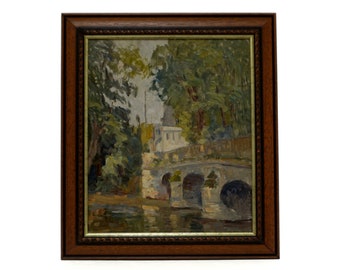 Vintage Landscape Oil Painting 'French Town with Bridge' 1940's Original Wall Art