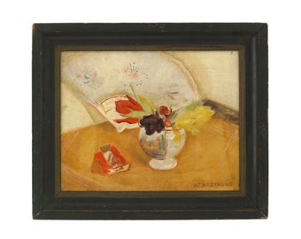 French Vintage Painting 'Still Life with Flowers & Fan' 1930's Original Signed Oil on Canvas