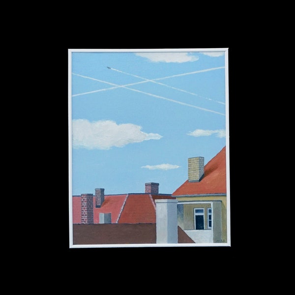 Vintage Skyscape Painting 'Over the Rooftops' 1980's Stuttgart School Original Signed & Dated Wall Art