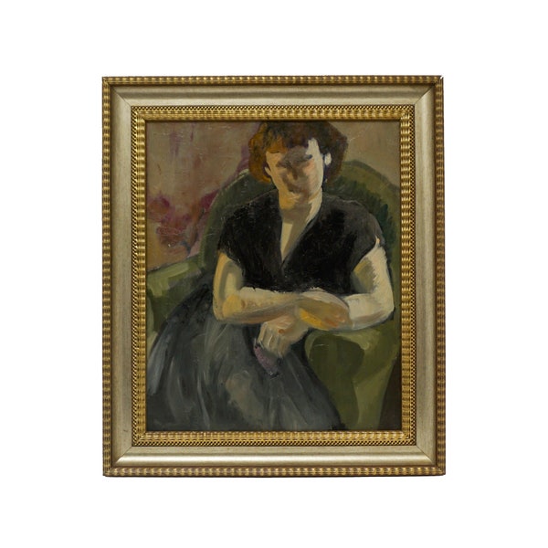 RESERVED For Sofia Mid Century Modernist Portrait Painting 'Woman in Green Armchair' Vintage Original Large Framed Wall Art