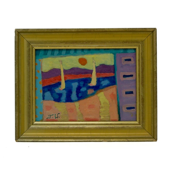 Mid Century French Nautical Abstract 'Port from the Window' Original Oil Painting on Board