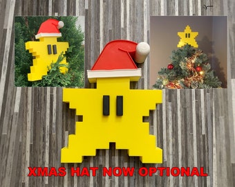 Retro Super Mario star tree topper with Hat. This 8bit Christmas ornament is a great retro tree topper. super mario bros xmas tree topper.