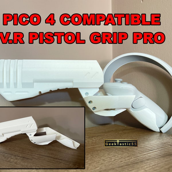 VR Gun Pistol Grip pro fits Pico 4 controllers. VR blaster gunstock. V.R REVOLVER works great with Space Pirate Trainer and other games.