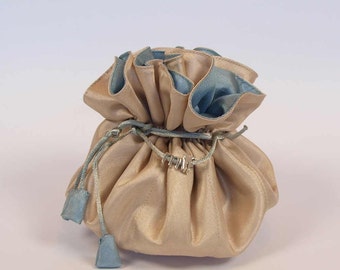 Evening Bag/Jewellery Pouch in Cream taffeta with blue silk lining