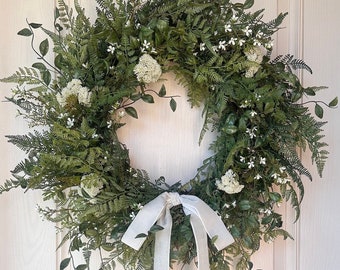 26” Fresh Touch Fern, Similax and Cream flower spring wreath on faux grapevine, Year round wreath, Faux wreath. Easter wreath