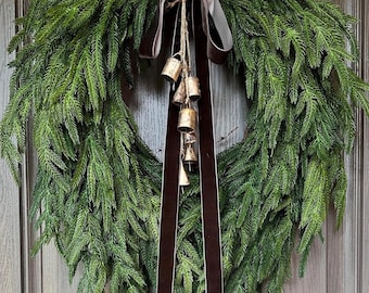 Cascading Norfolk Pine Christmas Wreath, Evergreen Front Door Wreath, Grapevine Holiday Wreath with Velvet Ribbon, Rustic Winter Door Decor