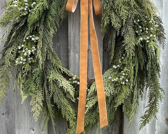 24” Fresh Touch Cypress Juniper Wreath on Grapevine, Christmas Wreath, Faux Evergreen Holiday Wreath, winter wreath, Holiday gift ideas.