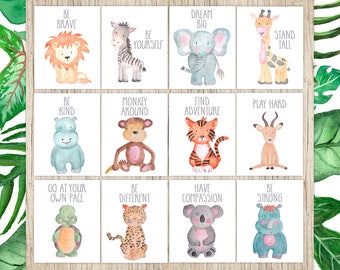 Nursery Printables Set of 12 Safari Nursery Wall Art Decor Animal Paintings Childrens Wall Art Watercolor Baby Animal Prints Playroom Art