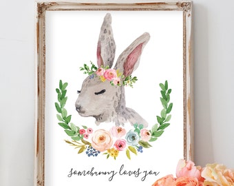 Rabbit Print, Bunny Nursery Art Print, Bunny Print with Flowers, Flower Crown Bunny, Boho Bunny Decor, Woodland Animal Nursery for Girl,