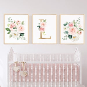 Baby Gift Baby Shower Gift Personalized Blush Nursery Art Set of 3 Girl Nursery Decor Pale Pink Monogram Art Large Over Crib Floral Flowers image 1