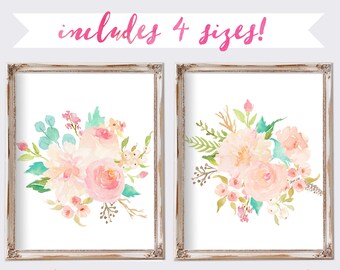Acquerello Fiori acquerello Dipinti Nursery Arte Decor Ragazza Rosa Pesca Blush Mint Fiori Floral Nursery Arte Ragazze Sala Decor Girly Decor