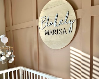 Shiplap Round Nursery Name Sign, Baltic Birch Wood, Farmhouse Decor