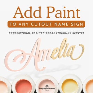 May include: Add paint to any cutout name sign with a professional cabinet-grade finishing service. The image shows a pink and gold cutout name sign that says "Amelia" and paint samples in various colors.