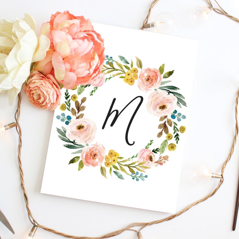 Watercolor Floral Monogram Wreath Floral Nursery Monogram Etsy