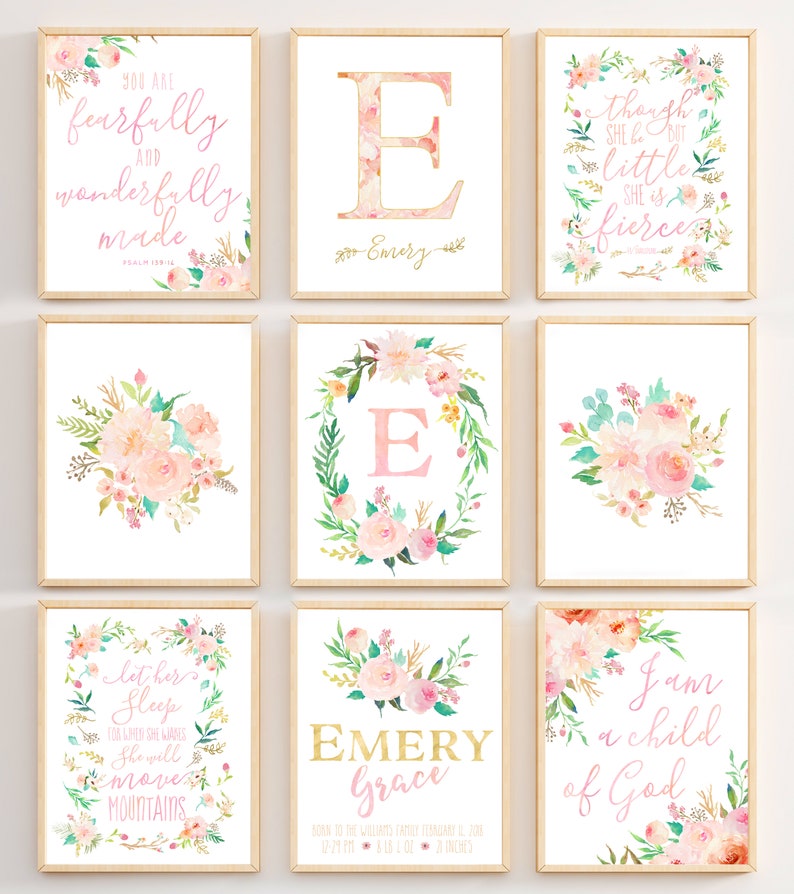 Blush Pink Nursery Floral Monogram Watercolor Letter Nursery Etsy