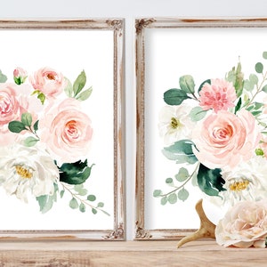 Set of 2 Blush Pink And Mint Watercolor Floral Bouquet Paintings Includes 4 sizes including 16x20 poster image 2