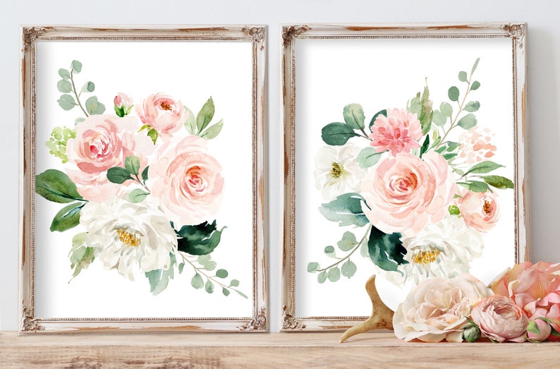Set of 2 Blush Pink And Mint Watercolor Floral Bouquet Paintings Includes 4 sizes including 16x20 poster image 2