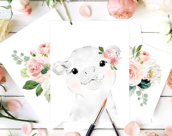 Watercolor Hippo Painting with Flower Crown - Floral Hippo Wall Art Print or Printable - Baby Hippo Nursery Decor - Blush Hippo Girls Room