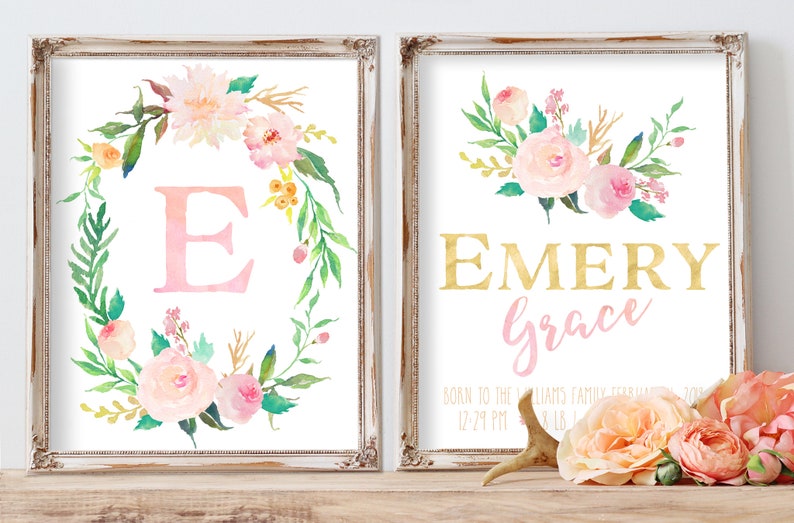 Blush Pink Nursery Floral Monogram Watercolor Letter Nursery Initial Art Floral Nursery with Flowers Light Pink Gold Baby Girl Nursery Art