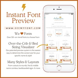 May include: A phone screen displaying a website for customizing fonts for children's room decor. The website, "Adoren", allows users to enter text, select a font, and visualize how the text will look on a crib, a 37-inch bed, or a 57-inch bed. The website is called "See My Font".