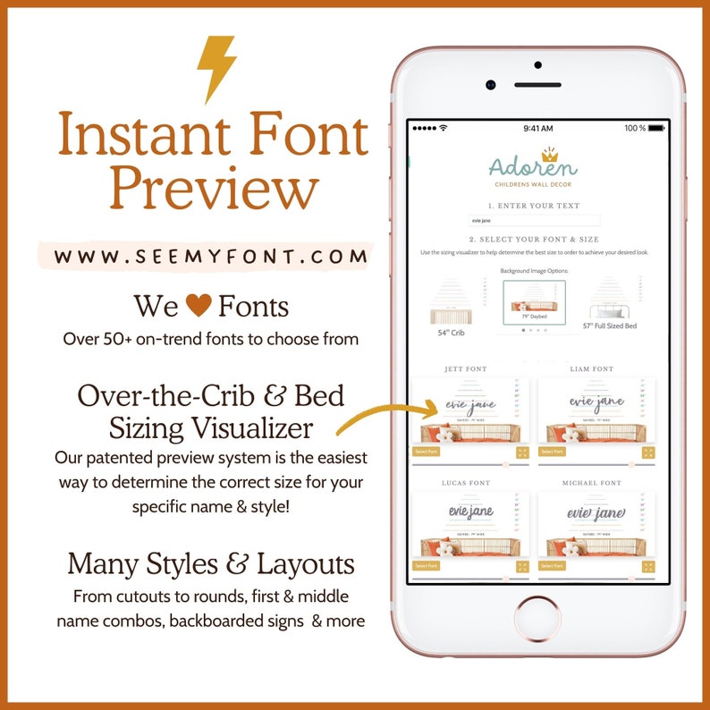 May include: A phone screen displaying a website for customizing fonts for children's room decor. The website, "Adoren", allows users to enter text, select a font, and visualize how the text will look on a crib, a 37-inch bed, or a 57-inch bed. The website is called "See My Font".