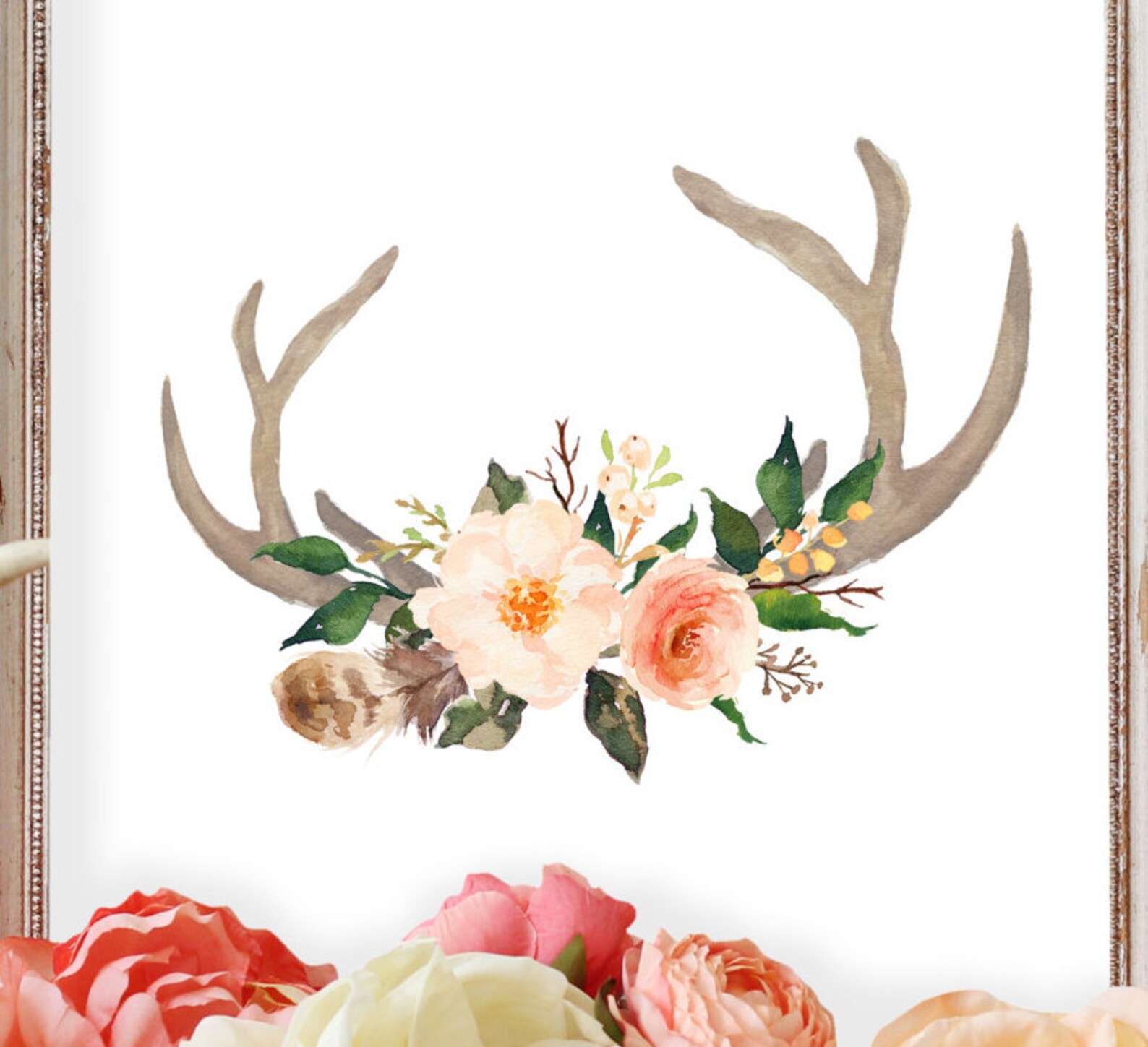 Printable Art, Antler Print, Watercolor Wall Art, Floral Nursery Art ...