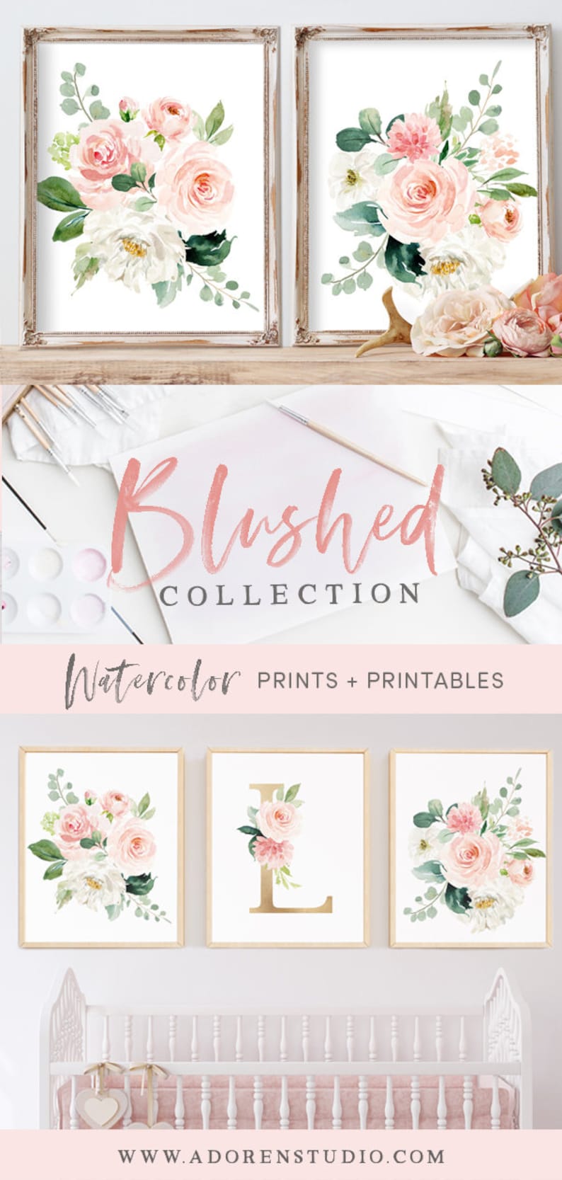 Nursery Art Prints Girl Watercolor Floral Blush Elegant Nursery Art Nursery Wall Art Set Girl Nursery Decor Pale Pink Monogram Art 16x20 image 6