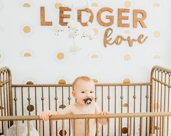 Boho boy nursery name sign with first and middle name in wood for baby room wall decor above crib, personalized wooden baby name sign