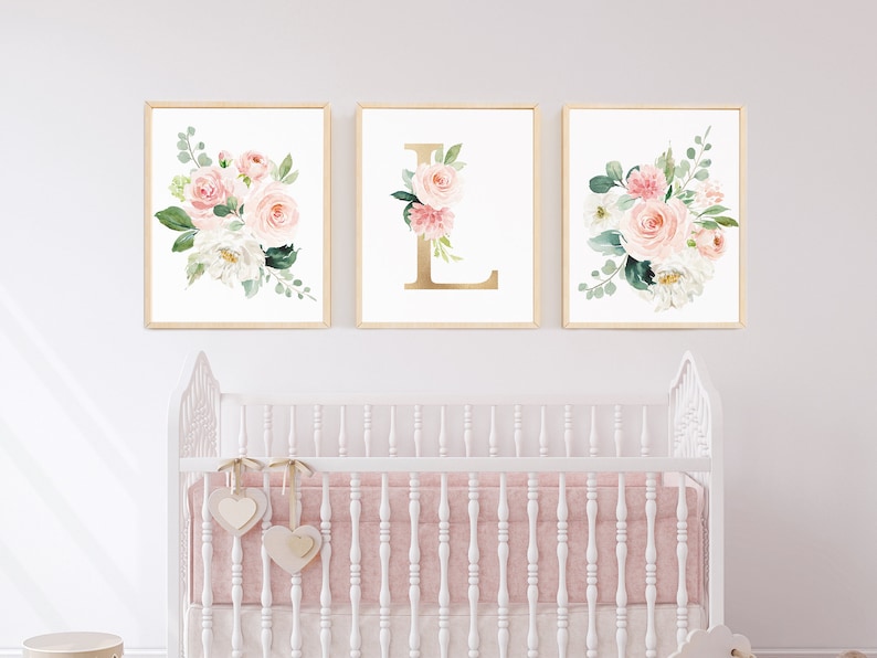 Nursery Art Prints Girl Watercolor Floral Blush Elegant Nursery Art Nursery Wall Art Set Girl Nursery Decor Pale Pink Monogram Art 16x20 image 1