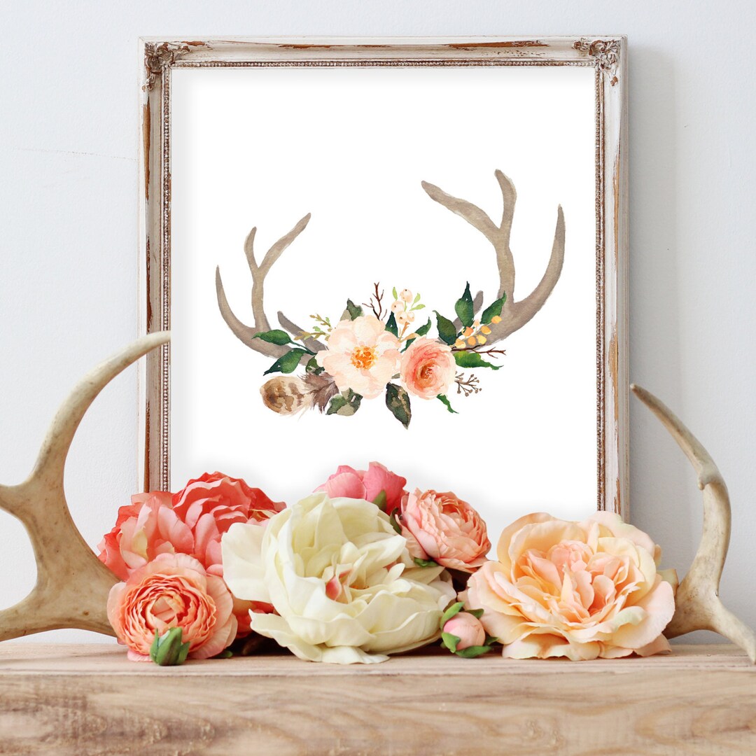 Printable Art, Antler Print, Watercolor Wall Art, Floral Nursery Art ...