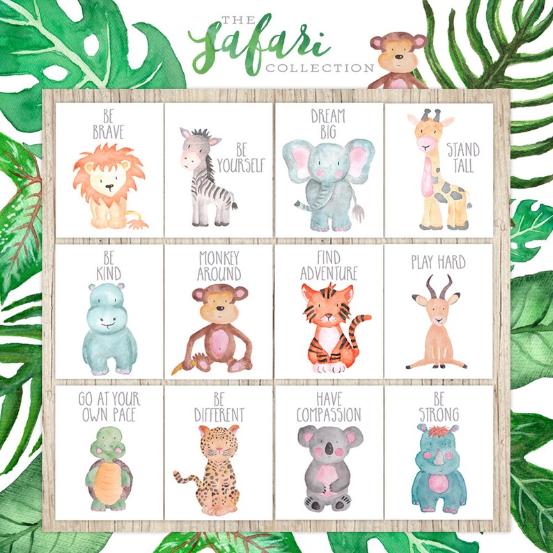 Nursery Printables Set of 12 Safari Nursery Wall Art Decor Animal Paintings Childrens Wall Art Watercolor Baby Animal Prints Playroom Art image 1