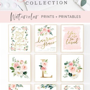 Nursery Art Prints Girl Watercolor Floral Blush Elegant Nursery Art Nursery Wall Art Set Girl Nursery Decor Pale Pink Monogram Art 16x20 image 8