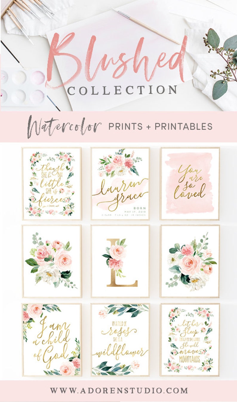 Set of 2 Blush Pink And Mint Watercolor Floral Bouquet Paintings Includes 4 sizes including 16x20 poster image 6