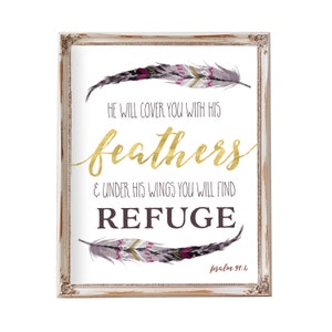 Psalm 91:4 He will cover you with his feathers, Bible Verse Art, Feather Art, Scripture Art, Printable Bible Verse, Feather Quote, Nursery