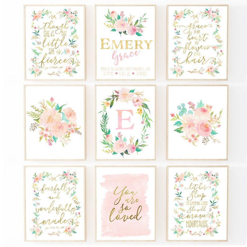 Blush Pink Nursery Floral Monogram Watercolor Letter Nursery Initial Art Floral Nursery with Flowers Light Pink Gold Baby Girl Nursery Art