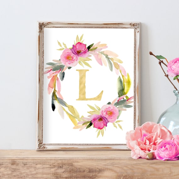 Watercolor Floral Monogram Wreath Floral Nursery Monogram Etsy