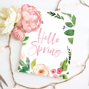 Spring Decor Wreath Wall Art Print Printable Art Sign Hello Spring Home Decor Watercolor Floral Colorful Decorations Housewarming Gift