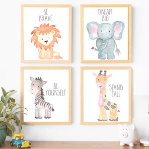 Safari Nursery Wall Art Animal Paintings Baby Animal Prints Animal Watercolor Childrens Wall Art Decor Kids Room Elephant Giraffe Zebra Lion image 1