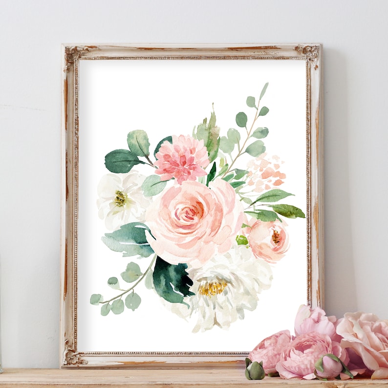 Set of 2 Blush Pink And Mint Watercolor Floral Bouquet Paintings Includes 4 sizes including 16x20 poster image 5