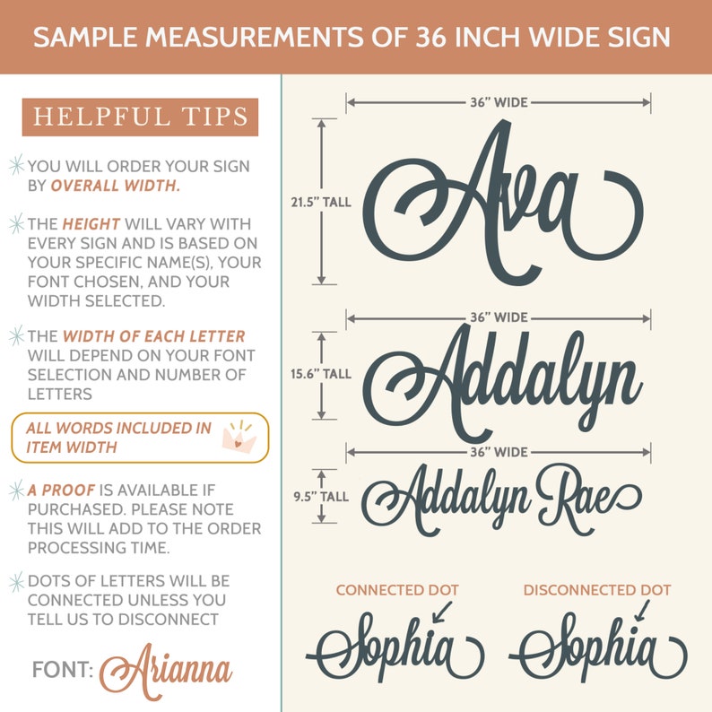 May include: A graphic showing how to measure the height and width of a custom sign. The sign is 36 inches wide and the height varies depending on the name and font chosen. The text on the graphic reads: "SAMPLE MEASUREMENTS OF 36 INCH WIDE SIGN", "HELPFUL TIPS", "YOU WILL ORDER YOUR SIGN BY OVERALL WIDTH.", "THE HEIGHT WILL VARY WITH EVERY SIGN AND IS BASED ON YOUR SPECIFIC NAME(S), YOUR FONT CHOSEN, AND YOUR WIDTH SELECTED.", "THE WIDTH OF EACH LETTER WILL DEPEND ON YOUR FONT SELECTION AND NUMBER OF LETTERS", "ALL WORDS INCLUDED IN ITEM WIDTH", "A PROOF IS AVAILABLE IF PURCHASED. PLEASE NOTE THIS WILL ADD TO THE ORDER PROCESSING TIME.", "DOTS OF LETTERS WILL BE CONNECTED UNLESS YOU TELL US TO DISCONNECT", "FONT: Arianna"