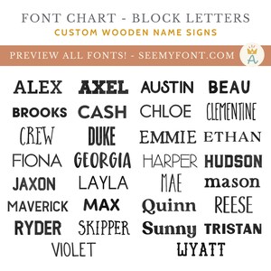 May include: A chart of different font styles for custom wooden name signs. The chart features a variety of popular names in block letters, including Alex, Axel, Austin, Beau, Brooks, Cash, Chloe, Clementine, Crew, Duke, Emmie, Ethan, Fiona, Georgia, Harper, Hudson, Jaxon, Layla, Mae, Mason, Maverick, Max, Quinn, Reese, Ryder, Skipper, Sunny, Tristan, Violet, and Wyatt.