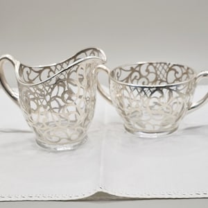 Sugar and Creamer SET Vintage Glass with Silver Overlay