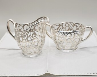 Sugar and Creamer SET Vintage Glass with Silver Overlay